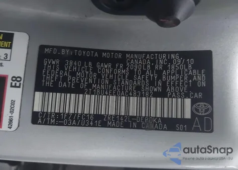 2010 Toyota Corolla Le из США, поврежденный, VIN 2T1BU4EE0AC483182